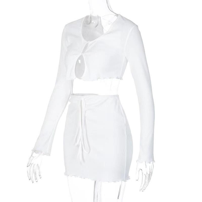 Tooxika New Spring And Summer Long Sleeve Cross Strap Navel Exposed T-shirt Short Skirt Set