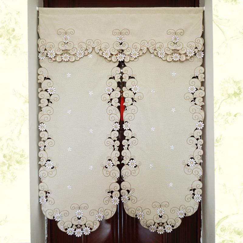 Rideau Court Kaki Clair Tissu Brodé Rideau de Porte Marguerite Rideau Élégant pour Chambre Salon Salle de Bain Cuisine, Sans Tringle, 1 pièce