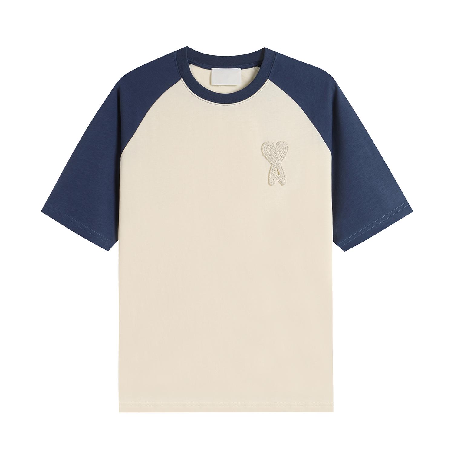 Men s and Women s Raglan Sleeve T-Shirt Beige & Olive Green Color Block with Heart Embroidery Casual Short Sleeve Crew Neck Top S