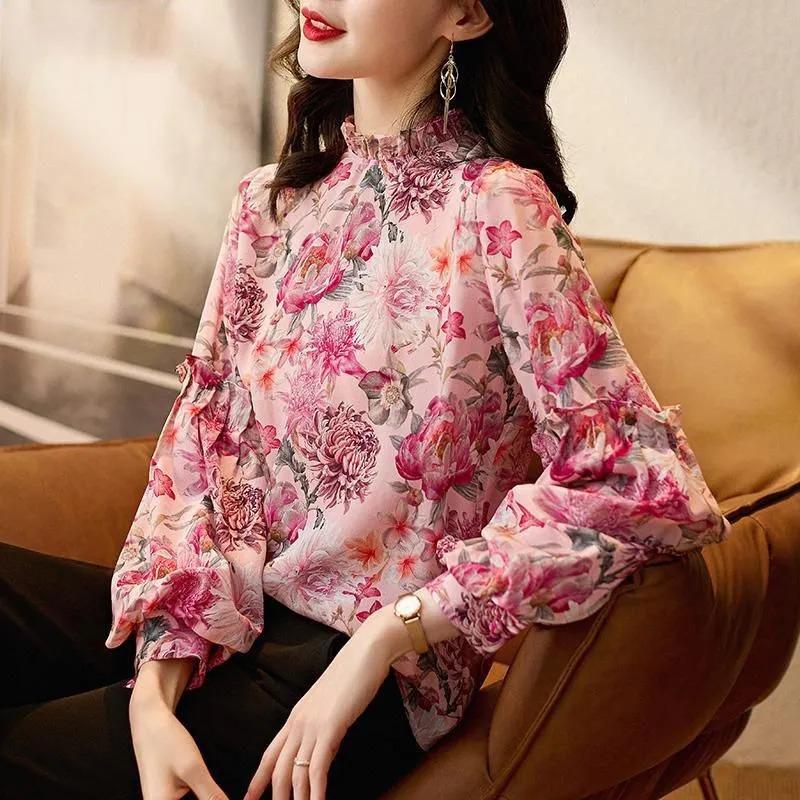 Floral Chiffon Top Women's Small Shirt Ruffled Puff Long Sleeve Blouse Floral Chiffon Top