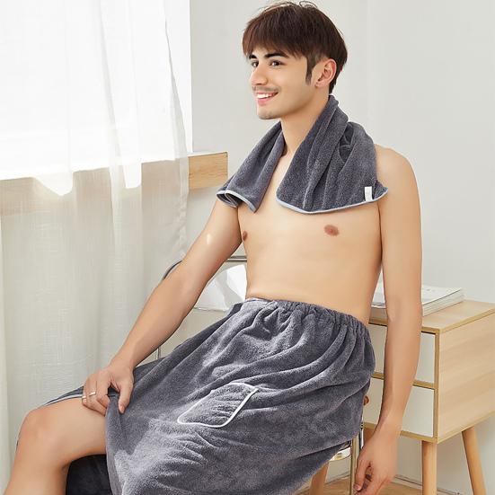 2Pcs/Set Men Bath Towel Adjustable Shower Wrap And Absorbent Towel Wearable Towel Skirt with Pocket for Gym Beach Sauna Spa
