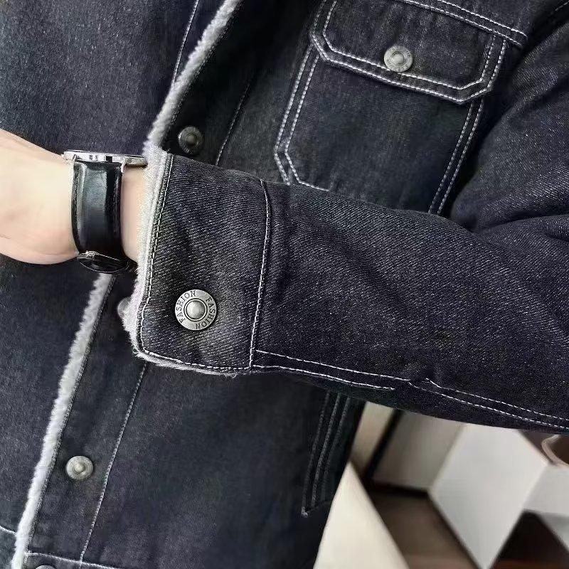 Men'S Denim Jacket Fleece Thickened Winter Lamb Plush Korean Version Slim-Fit Lapel Casual Jacket