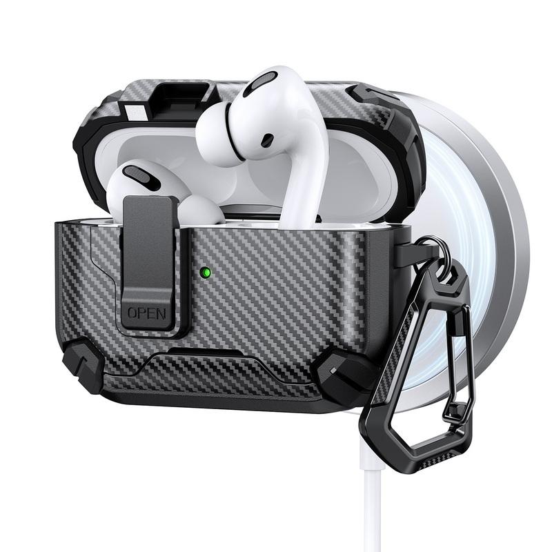 Carbon Fiber Texture Earphone Case For AirPods 4 Pro 3 2 1 Bluetooth Headset Cover with Phone Holder Keychain Earphone Charging Box