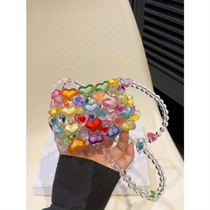 Mini Heart-Shaped Bead Square Bag With Color Matching Fashion, 1 Fashionable Colorful Heart-Shaped Bead Square Bag, DIY Hand Woven Bead