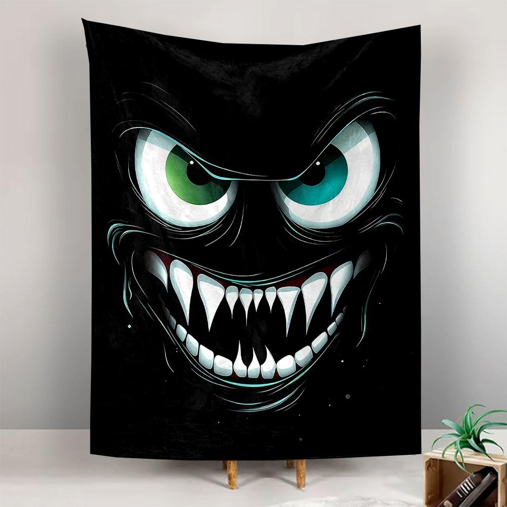 Halloween Wall Tapestry Evil Grin Cartoon Face Big Green Eyes Sharp Teeth Black Horror Decor for Game Room Man Cave Gift