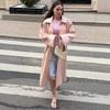 Womens Pink Long Trench Coat - Artistic Loose Fit 2026 Fall Casual Outerwear