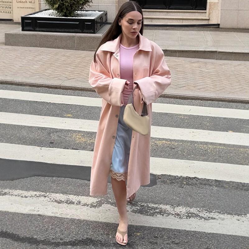 Womens Pink Long Trench Coat - Artistic Loose Fit 2026 Fall Casual Outerwear