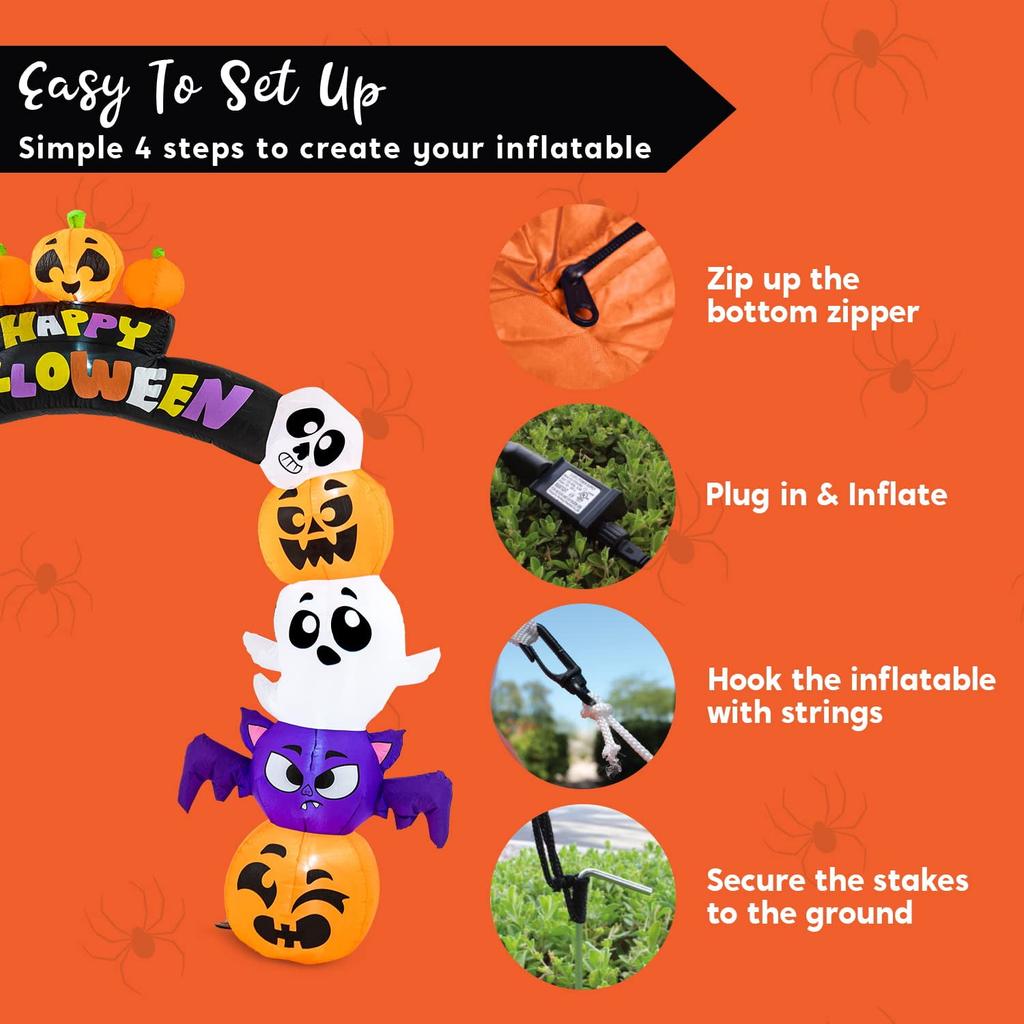 Joyfy 8 Ft Halloween Inflatable Archway Stacked Pumpkins Archway Bat Inflatable with Build-in LED for Halloween Decorations