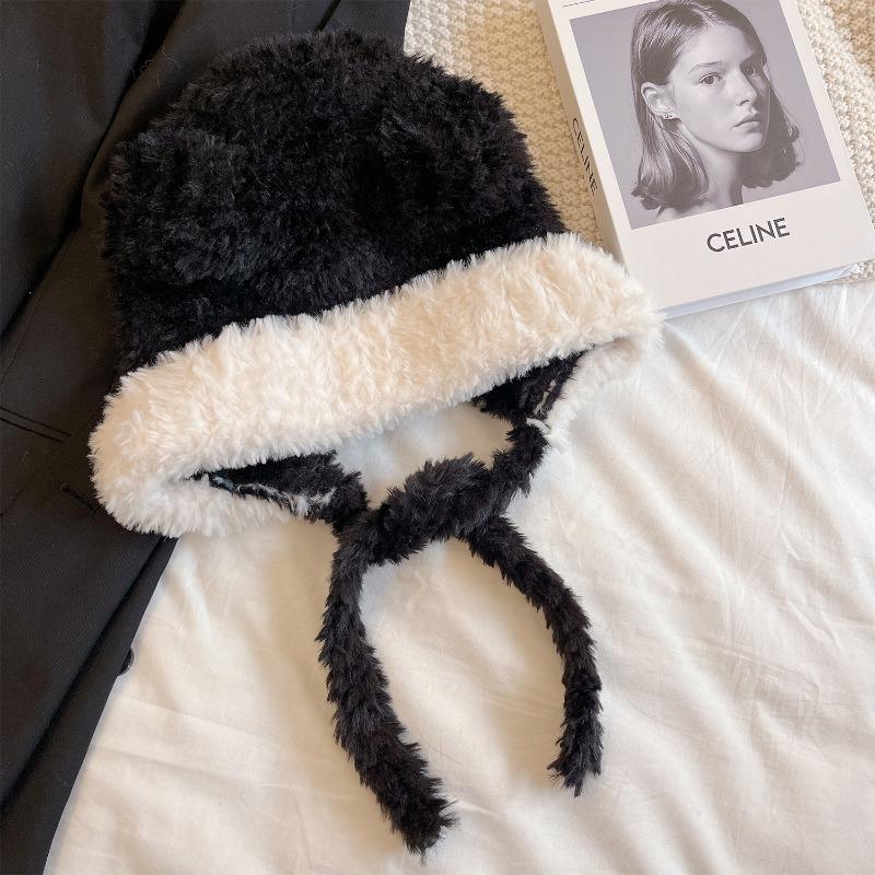 Contrast Color Bear Ear Hat Women's Winter Versatile Plush Hat Thickened Warm Cycling Tide