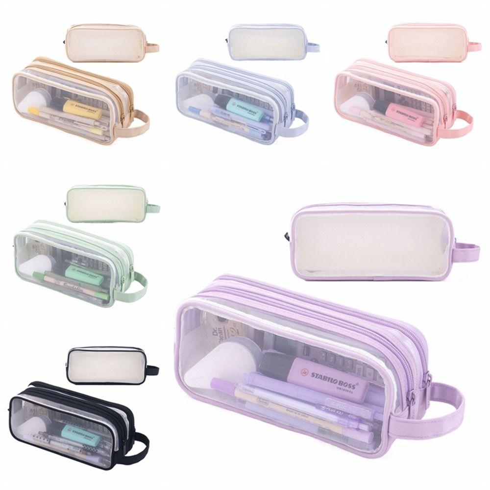 Estuche de Lápices de Malla Grande Dos Compartimentos Estuche para Rotuladores Organizador de Papelería Bolsa de Lápices Transparente Multicolor Bolsa de Maquillaje