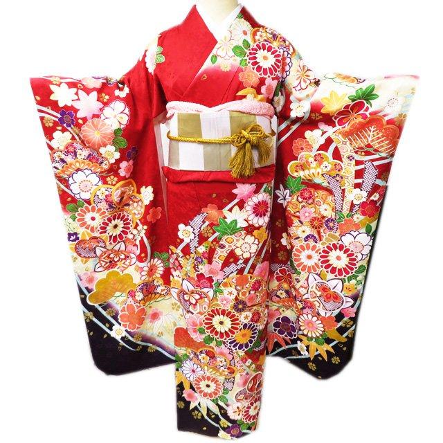 

FINAL PRICE [Used] Furisode Kimono Recycled Pure Silk Sleeve Kimono Embroidery Flower Pattern Flowing Water Ground Pattern Red Multicolor Gold