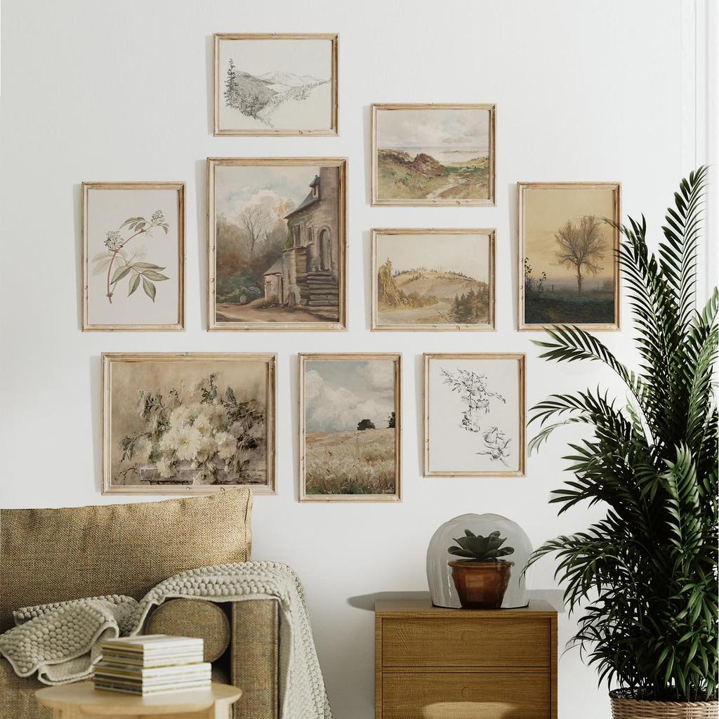 TheCanvas Vintage Wall Art Prints Set of 9, Eclectic Nature Wall Art for Living Room, French Country Landscape Painting, Gallery Wall Decor for
