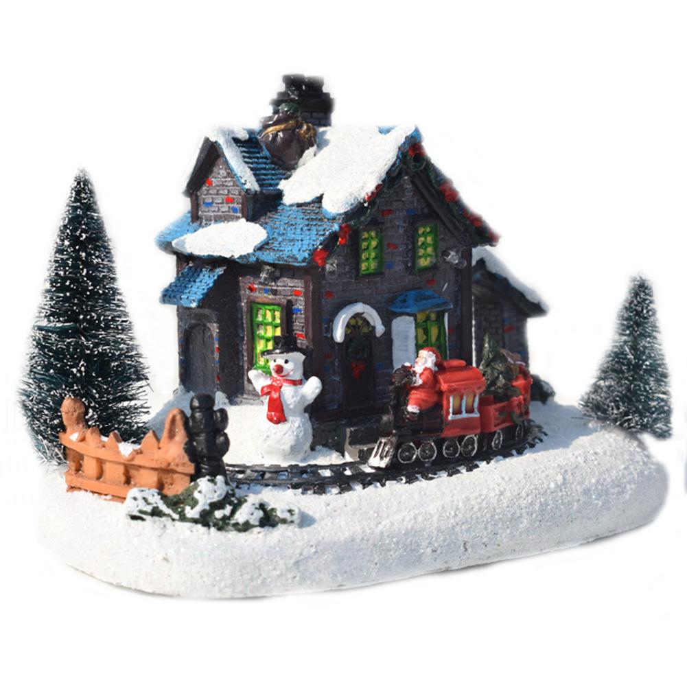 Colorful  Luminous  Small  House Christmas Decoration Small Train Snow House Resin Crafts Christmas Ornaments