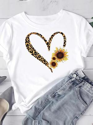 (Asian Size) Leopard Flower Cute Short Sleeve Tee Clothing T Shirt Woman Women Fashion Top Print Female Graphic T-shirts