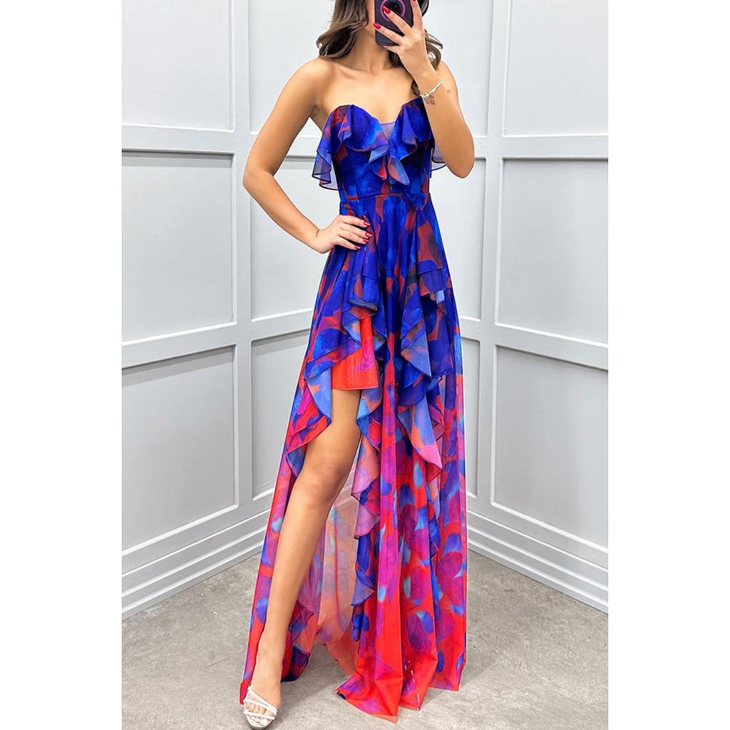 Nuovo Vestito da Donna a Rete Senza Spalline Stampato, Stile Europeo Americano Moda Casual Vestito da Festa per Donne INS Trendy