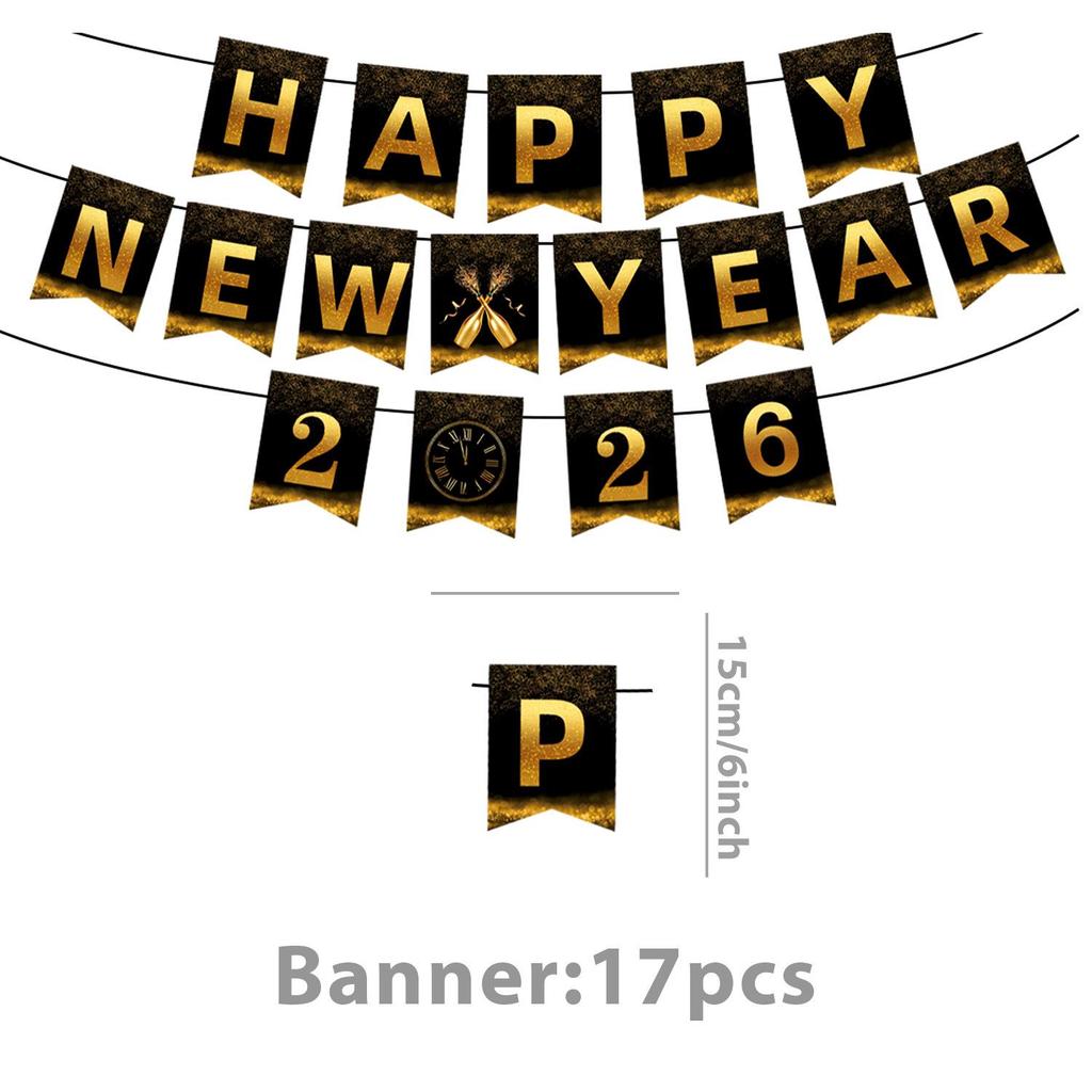 New Year 2026 Black and Gold Party Set: Paper Plates, Napkins, Pull Flag, Tablecloth