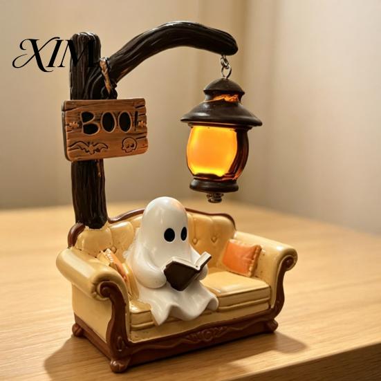 Decorative Resin Night Light Halloween Ghost Reading Book Lamp, Cute Figurine with Book, Small Mantelpiece Statue 3D Tabletop Statue, Spooky Decor for