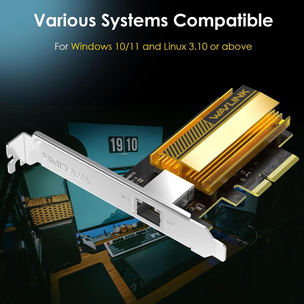 WAVLINK 10G PCIe Network Card PCI Express Ethernet Adapter 10G NIC with AQC113 Controller for Windows Linux with Profile Bracket Base-T