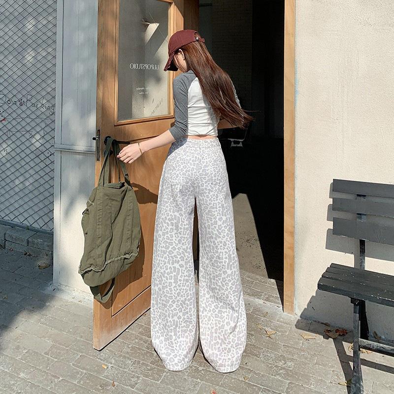 Small new leopard print wide-leg jeans women's summer American design sense loose and thin casual straight trousers