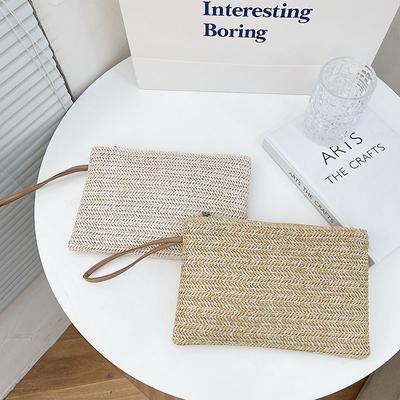 Bolso tejido de moda para mujer, bolso de mano para mujer, bolso de mano para el teléfono, monedero tejido de paja sólida, billetera de playa, tarjetero