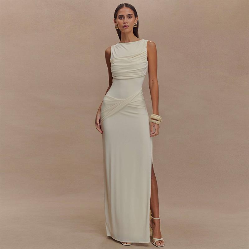 

Elegant Pleated Long Party Dresses Mesh Backless Sleeveless High Split Female Dresses L бежевый