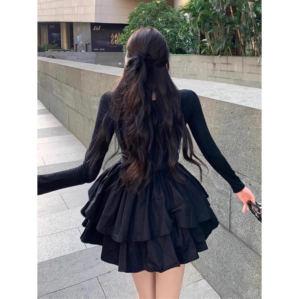 Black long-sleeved dress women's spring and autumn French high-end temperament princess tutu skirt waist small short skirt