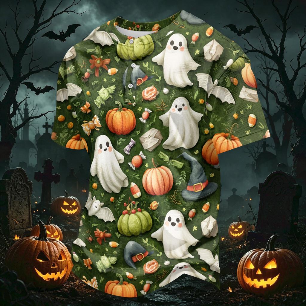 Męska casualowa koszula z kołnierzykiem na guziki, lekka, oddychająca, z krótkim rękawem, z nadrukiem w stylu Halloween, wygodny krój