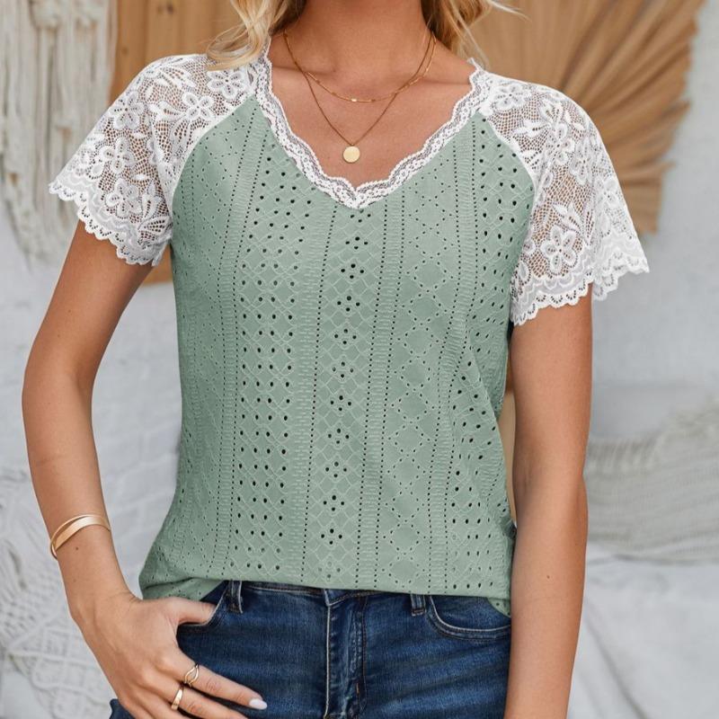 

Женская весенне-летняя футболка с V-образным вырезом, кружевной вставкой, свободного кроя, в стиле кэжуал XXL зелёный