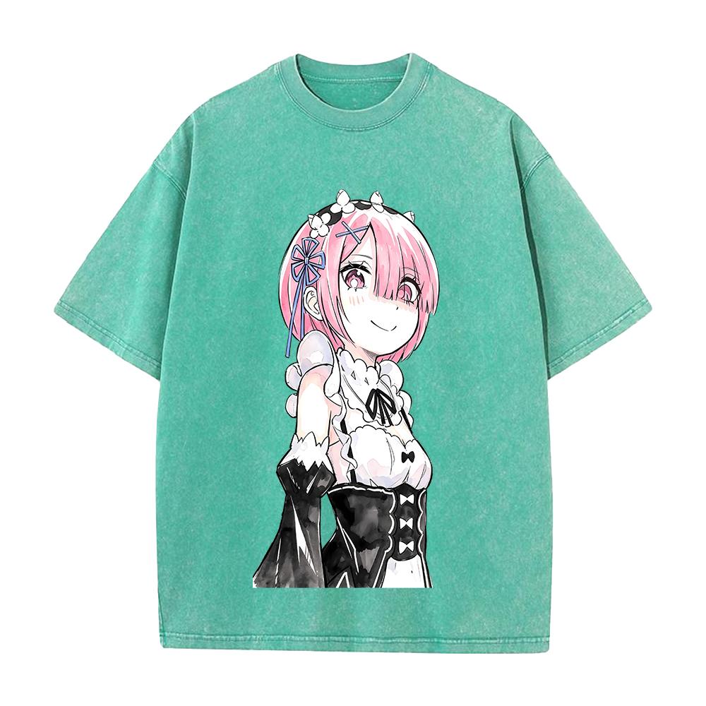 Hot Anime Re Zero Ram Cute Print T-shirt Men Women Tshirts Short Sleeve Cotton Clothing Retro Washed T Shirt Harajuku Loose Tops