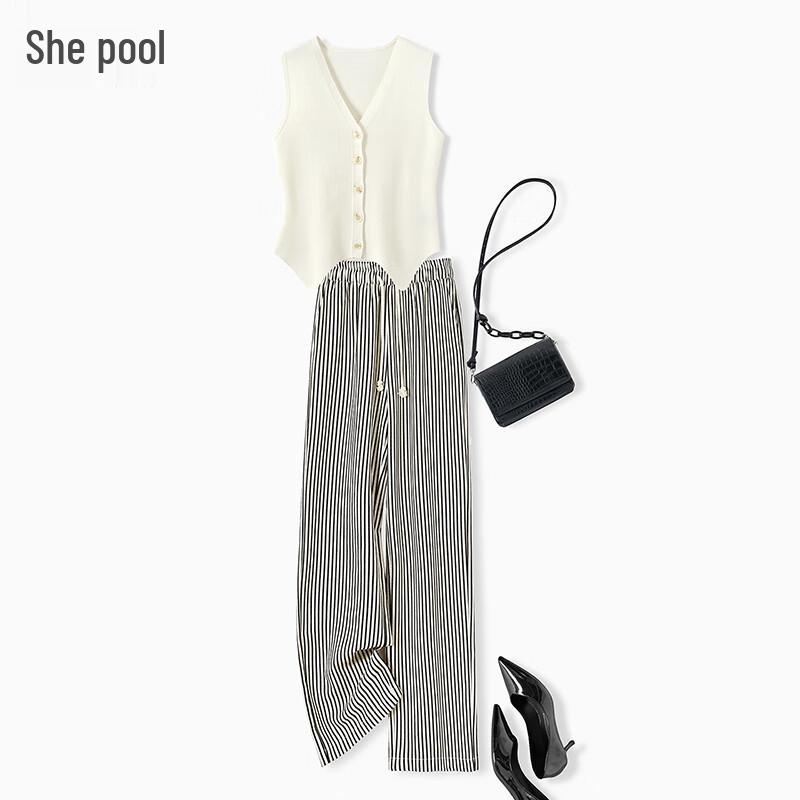 

Women s V-neck Vest & Striped Wide-leg Pants Set M