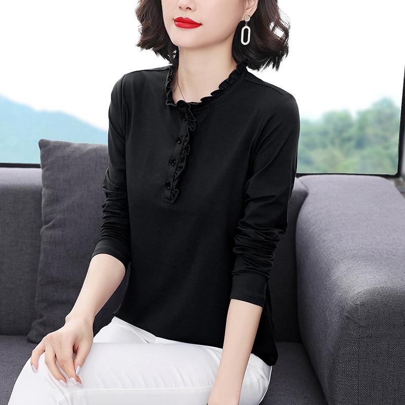 Women's Long-Sleeve Stand-Up Collar T-Shirts with Ruffled Collars, Loose Fit, Large Size - Perfect for Spring and Autumn