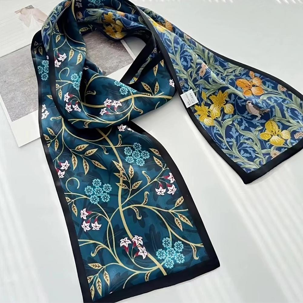 Bysifa|New Blue Yellow Long 100% Mulberry Silk Scarf Headband Spring Summer Fashion Floral Silk Ribbons Scarves Floulard Printed