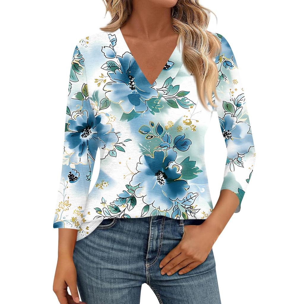 Women's 3/4 Sleeve Shirts V Neck Print Tops Casual Tops Basic Tees Blouse Loose Tops