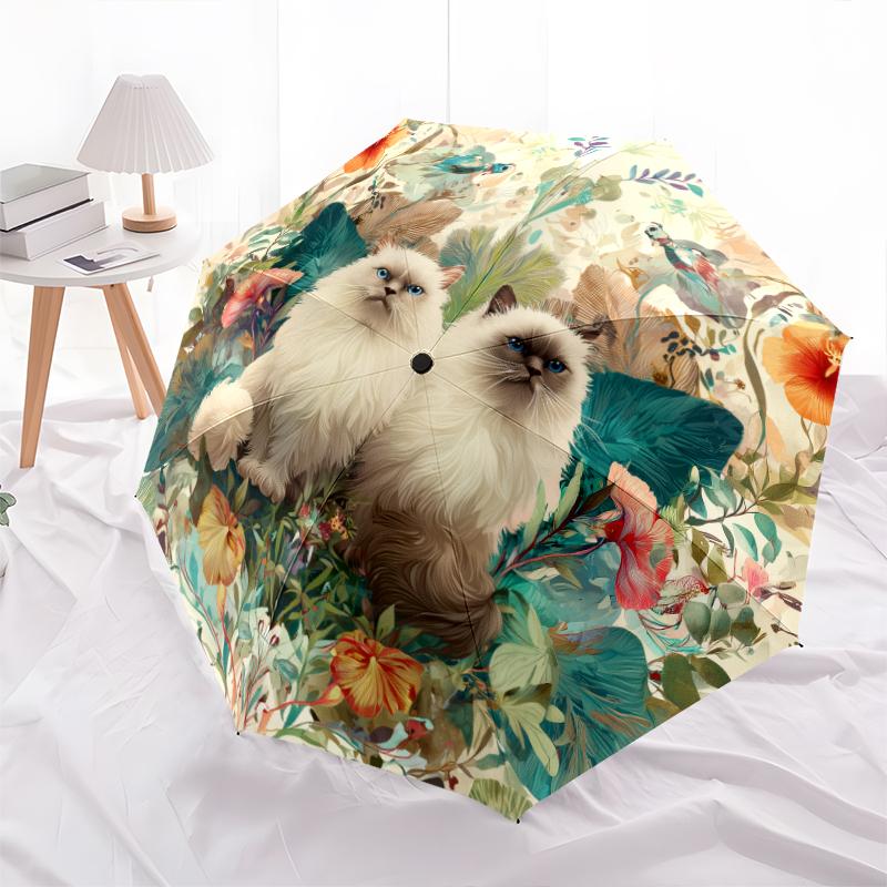 Persian Cat and Plant pattern, automatic folding umbrella, portable and foldable design, 8 ribs, a Christmas or birthday gift.