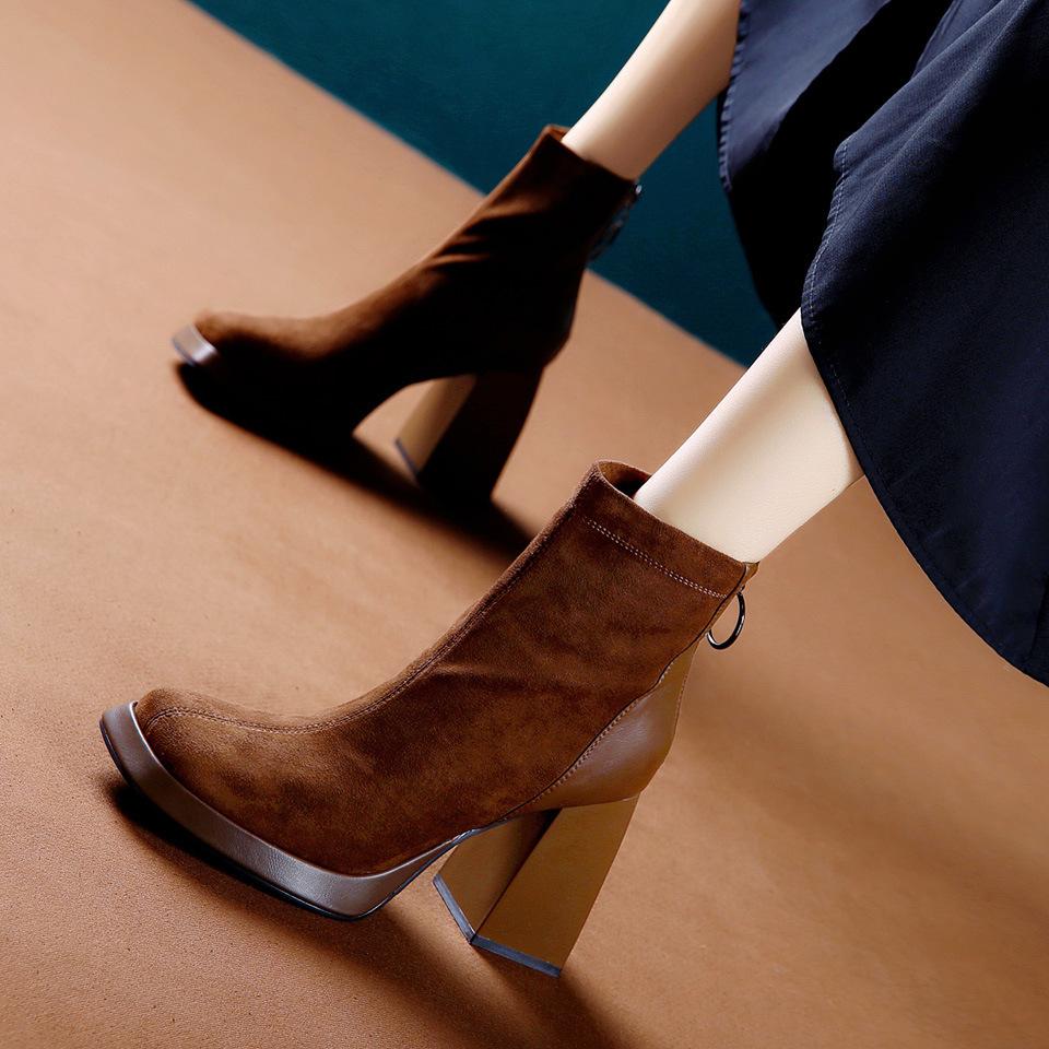 Temperament square head high heels Martin boots women's autumn and winter British wind waterproof table not tired feet thick heel short boots