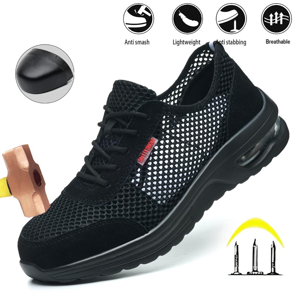 Men's Summer Mesh Breathable Steel Toe Safety Shoes Anti-Smash Puncture Proof Kevlar Comfortable Outdoor Work Shoes