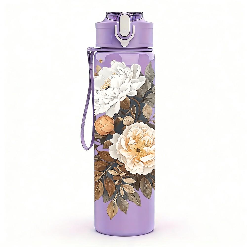 1PC Peony Rose Dried Bouquet Art Print 750ml Color Plastic Sports Water Bottle Leakproof Flip Straw Lid Suitable for Sports Office Home Use