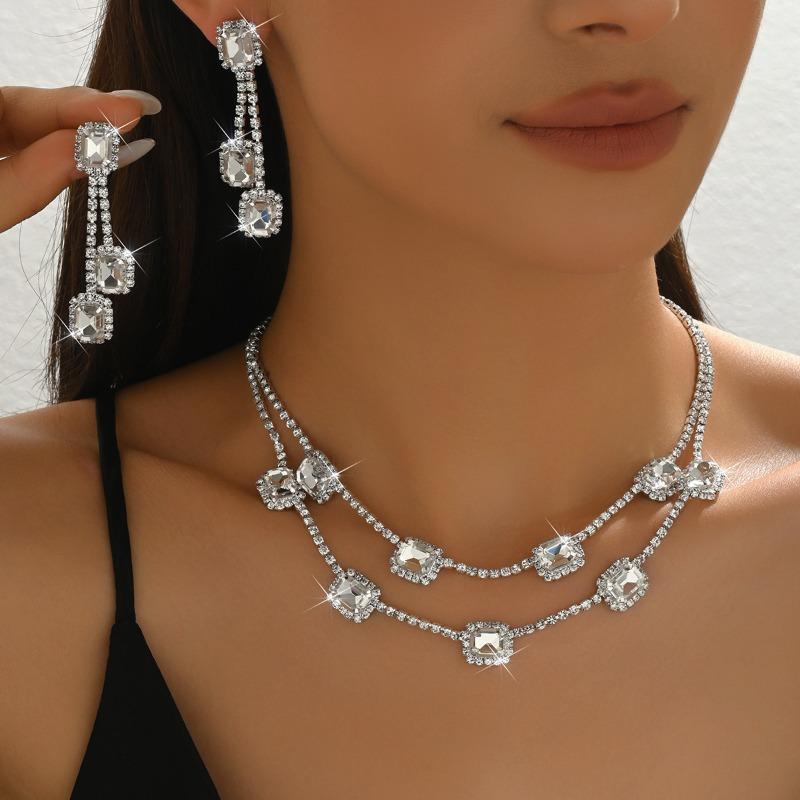 Zircon Square Fringed Earrings, Royal Style Earrings and Necklace, Luxurious Wedding Accessory G390 Silver White