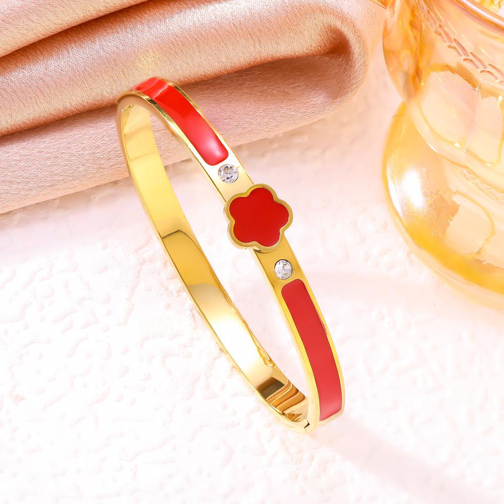 Lucky Five-Leaf Flower Titanium Steel Bracelet with Enamel & Diamond Accents