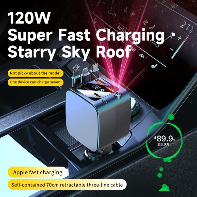 120W 7-in-1 Car Charger Super Fast Charging with Retractable Cable and Ambiance Light Voltage Display for iPhone Huawei Samsung