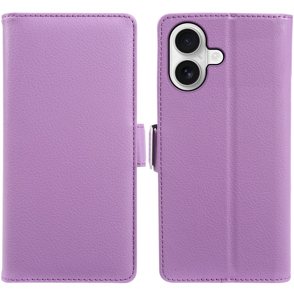 For iPhone 16 Wallet Case with Dual Magnetic Clasp Litchi Textured Leather Flip Stand Phone Cover
