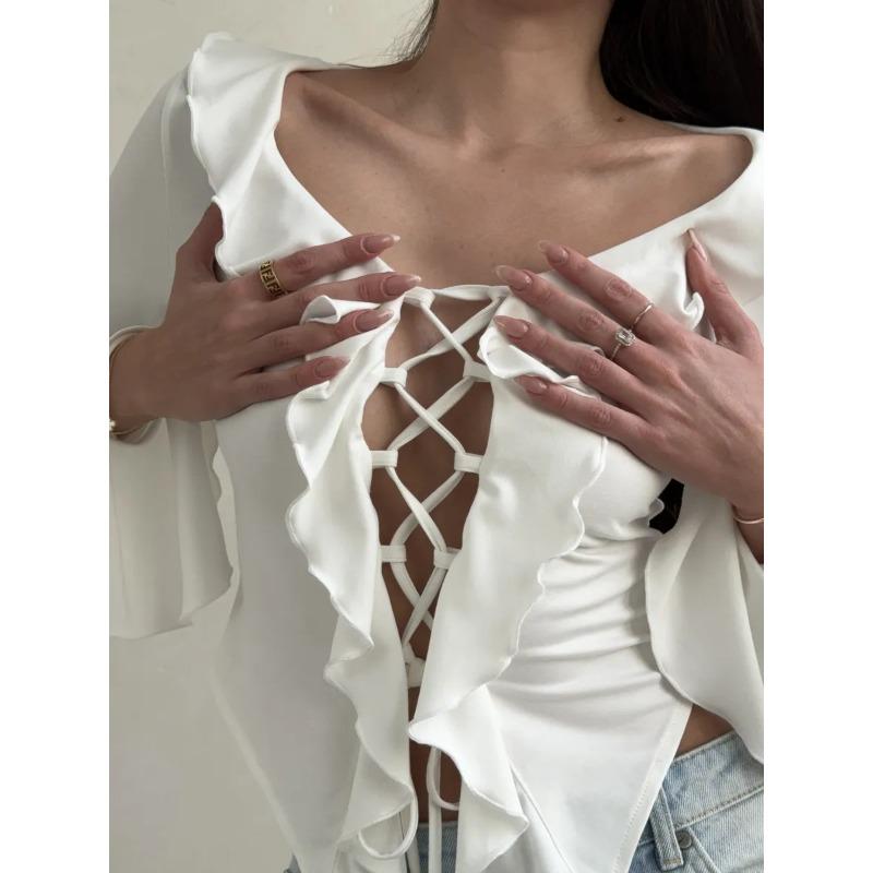 Ruffle Edge Splicing Lace-up Short Shirt Sexy Strap Tie Spicy Girl Top Long Sleeved Solid Color Falred Long Sleeve T-shirt Streetwear Slim Fit Blouse