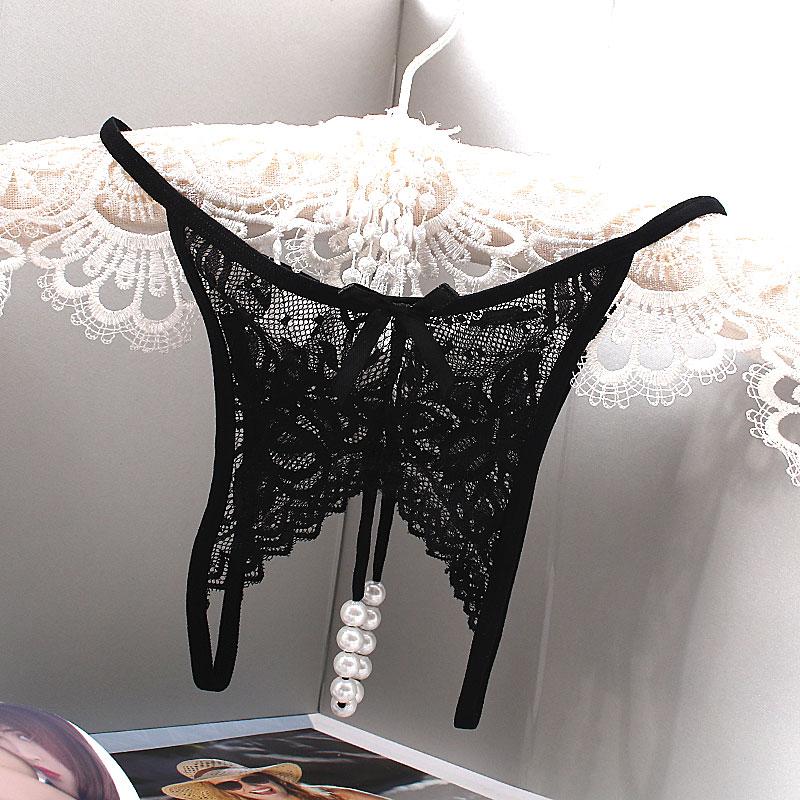 M - XL Plus Size Lace Panties Women Sexy Transparent Underwear Pearl Massage Culotte Femme Open Crotch Thongs G-strings For Sex