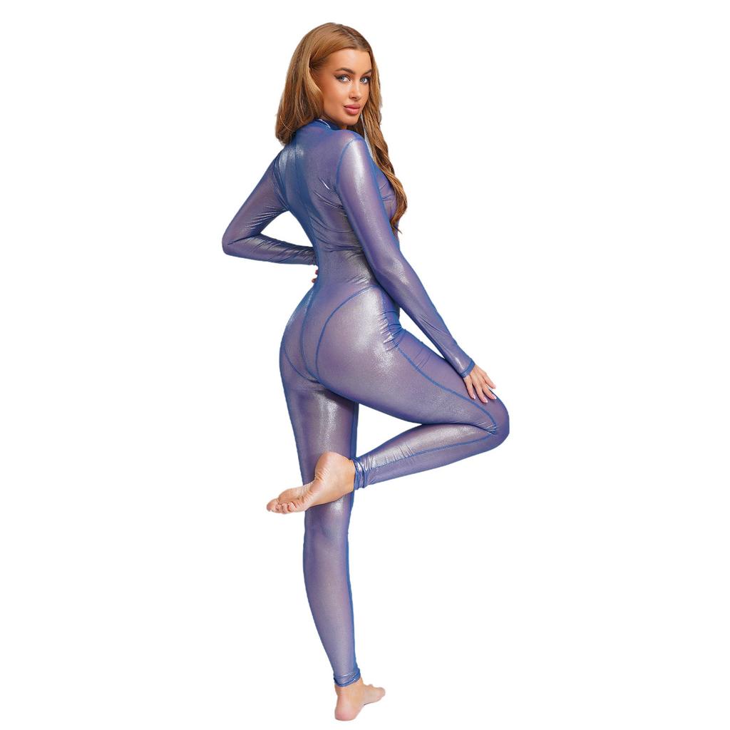 Dame Glinsende Metallisk Helkropps Unitard Langermet Høy Midje Leggings Stil Ryggglidelås Kattedrakt