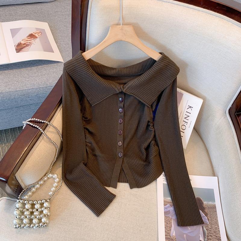 Autumn design one-word collar off-shoulder long-sleeved breasted chic slim-fit first love solid-color knitted sweater