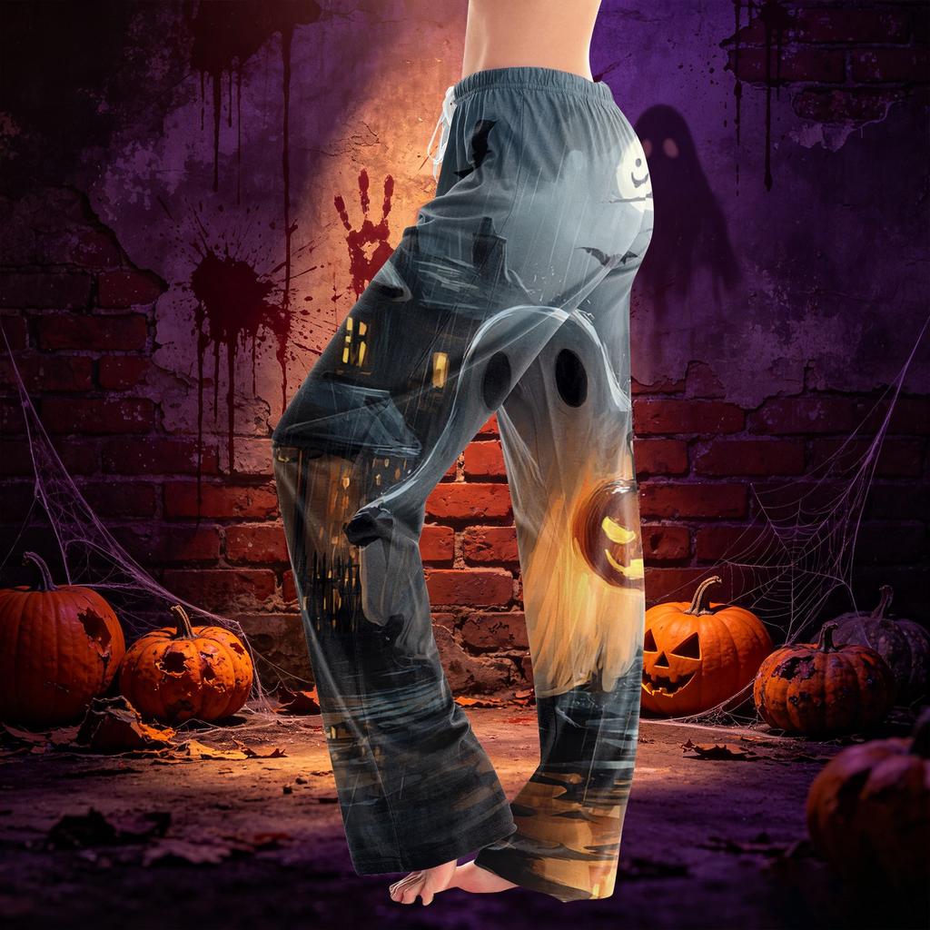 Women’s Drawstring Halloween Printed Long Pants Loose Fit Elastic Waistband Casual Trousers for Daily Wear Outdoor Home