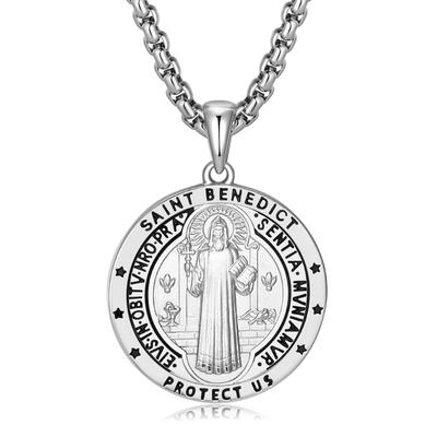 Necklace Benedict Reversible Silver Pendant Sterling Silver Medal Catholic Church Stainless Steel Chain Amulet Birthday Anniversary Present Gift