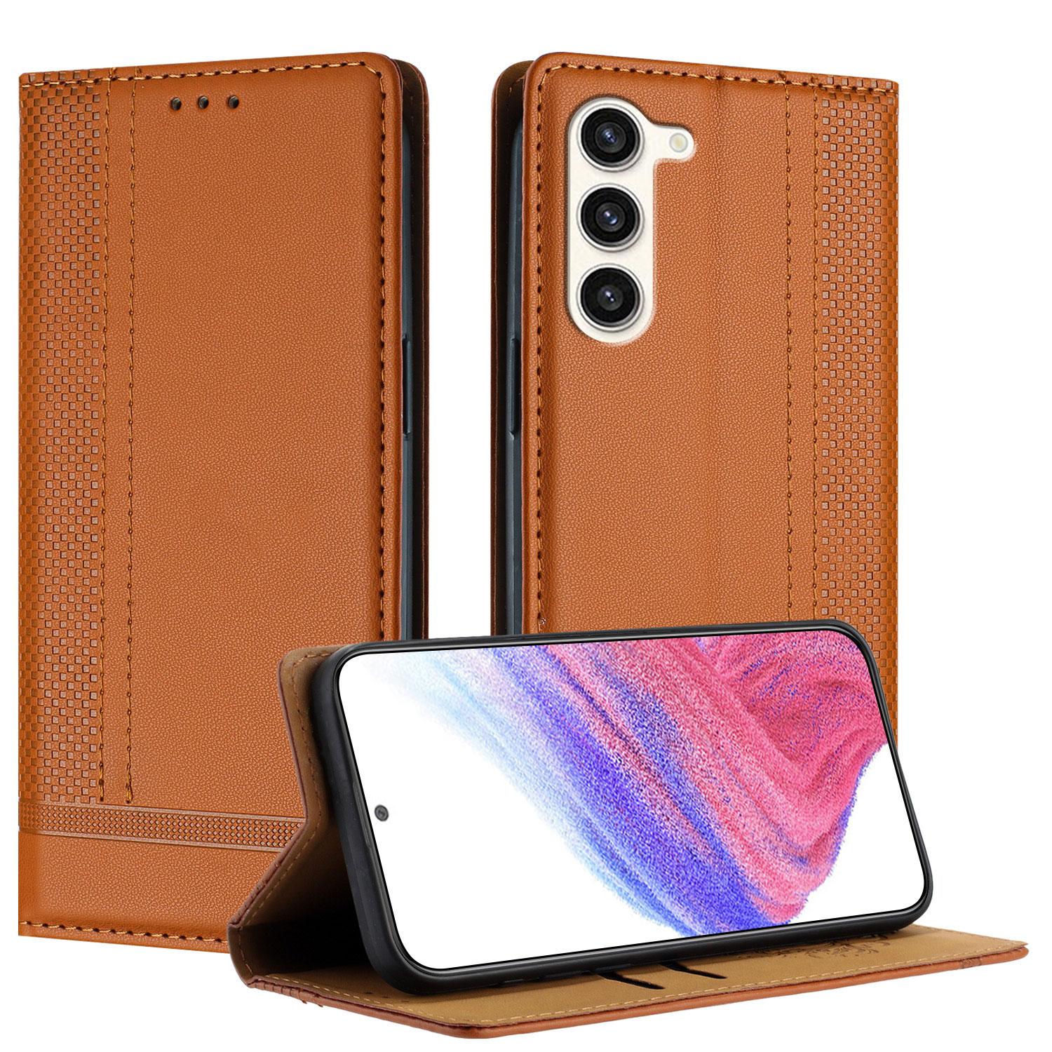 

For Samsung Galaxy S23 Case L-Shaped Grid Pattern Leather Stand Phone Cover with Card Slots Brown