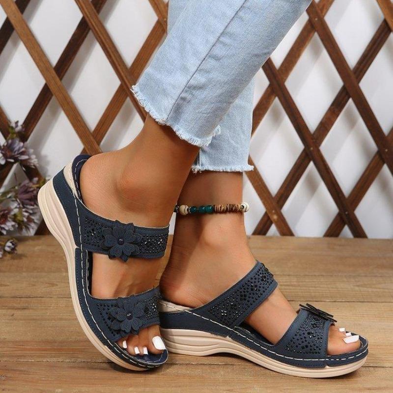 New flower sandals women's shoes car line leisure vacation beach slope heel comfortable large size foreign trade