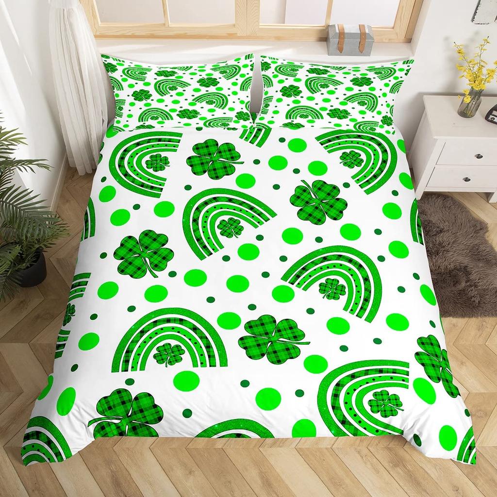 St. Patrick's Day Duvet Cover Cute Cats Rainbow Bedding Set Retro Lucky Clover Polyester Quilt Cover Cute Animal Comforter Cover